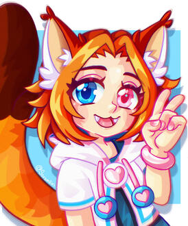 Anime styled art piece of a red panda girl doing a peace sign. The vibe is fun and cute.