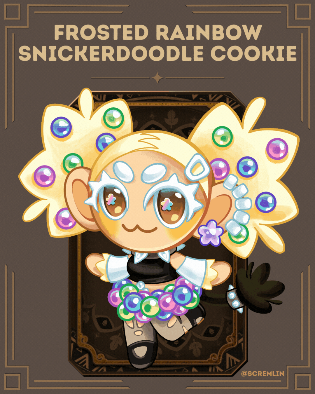 Cute cartoon character drawn in Cookie Run style with starry eyes, rainbow bead hair, and a colorful outfit. Brown background with playful, vibrant, and joyful vibes. Frosted Rainbow Snickerdoodle Cookie
