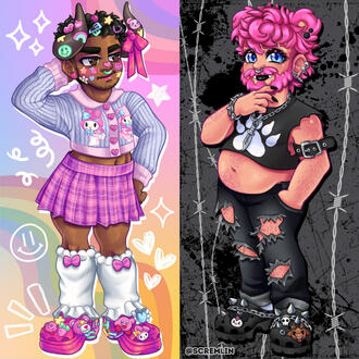 Two cartoon characters in contrasting outfits: one in a pastel plaid skirt, cute sweater, and colorful accessories with a cheerful rainbow background; the other in edgy, black torn clothing, with spikes and chains, set against a grungy barbed-wire backdrop