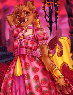 Anthropomorphic piglin character in strawberry-patterned dress poses confidently in a surreal, vibrant red and pink landscape with glowing fungi. Based on Minecraft and the Nether.