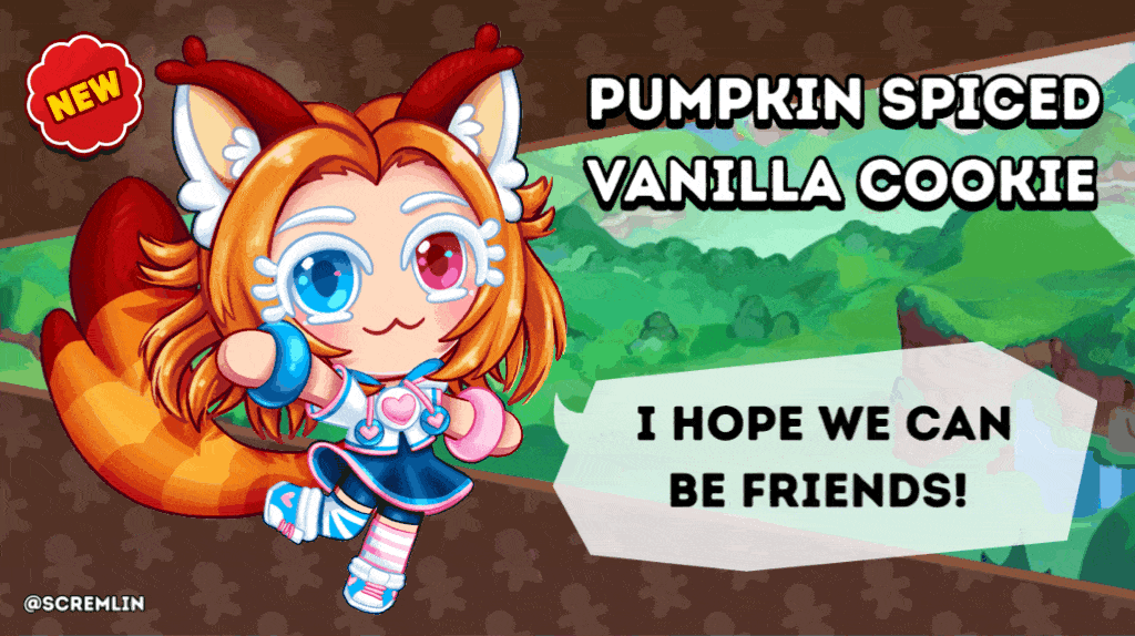 Cute animated red panda vtuber drawn in cookie run style, wearing a blue outfit, smiles warmly. Text: "Pumpkin Spiced Vanilla Cookie. I hope we can be friends!"