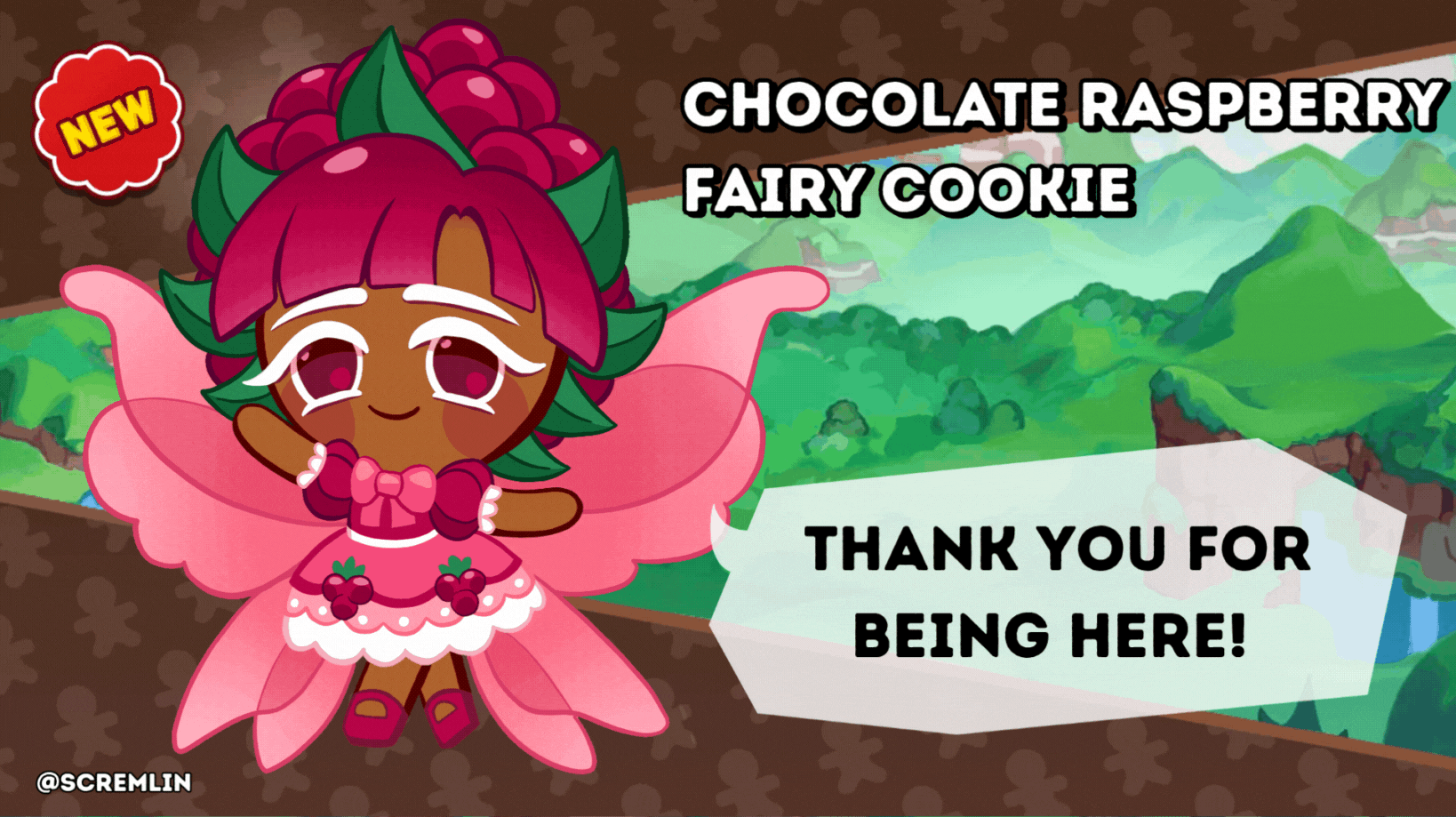 Cookie Run style PNGtuber drawing of a chocolate raspberry fairy cookie. The character has a pink and green color palette and pink fairy wings.