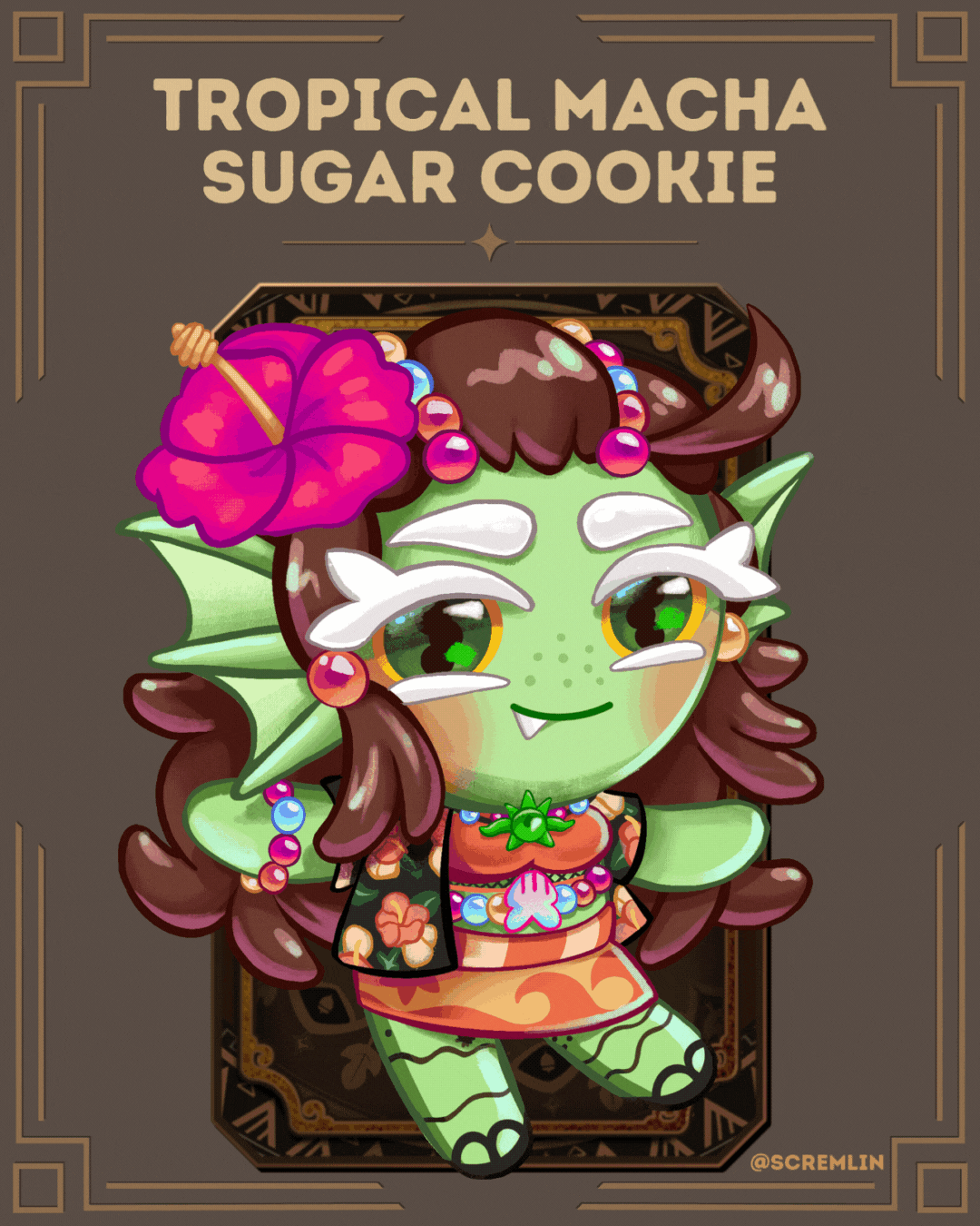 Cute anthropomorphic sea monster character with green skin and playful expression, adorned with hibiscus, jewelry, and tropical attire, set against a brown background. Drawn in the style of Cookie Run. Tropical Matcha Sugar Cookie.