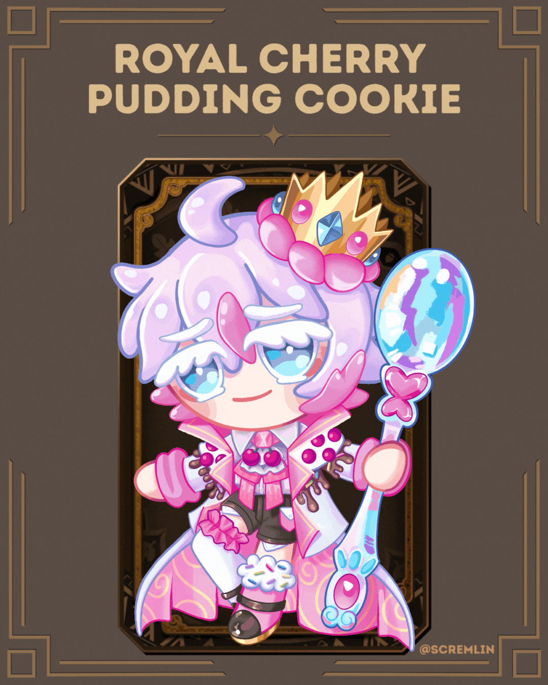 Cute cookie run style character with pink frosting hair, wearing a crown and holding a large silver spoon. The design is whimsical and vibrant. Royal cherry pudding cookie